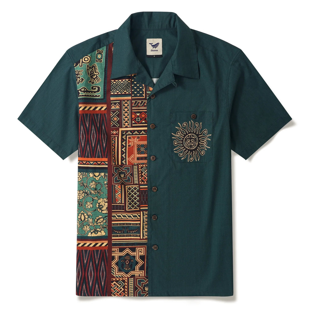 Men's Hawaiian Bowling Shirt Short Sleeve Camp Collar 100% Cotton Black Aloha The Charm Of Vintage Folk Patterns By Huan huan