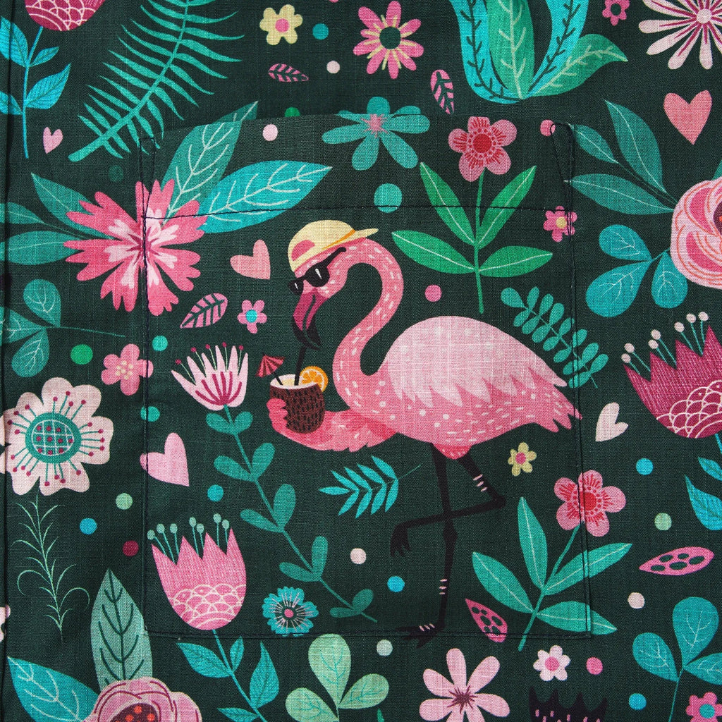 Men's Hawaiian Shirt Short Sleeve Button-down 100% Cotton Green Aloha Blush in the Jungle Flamingo By Cigar