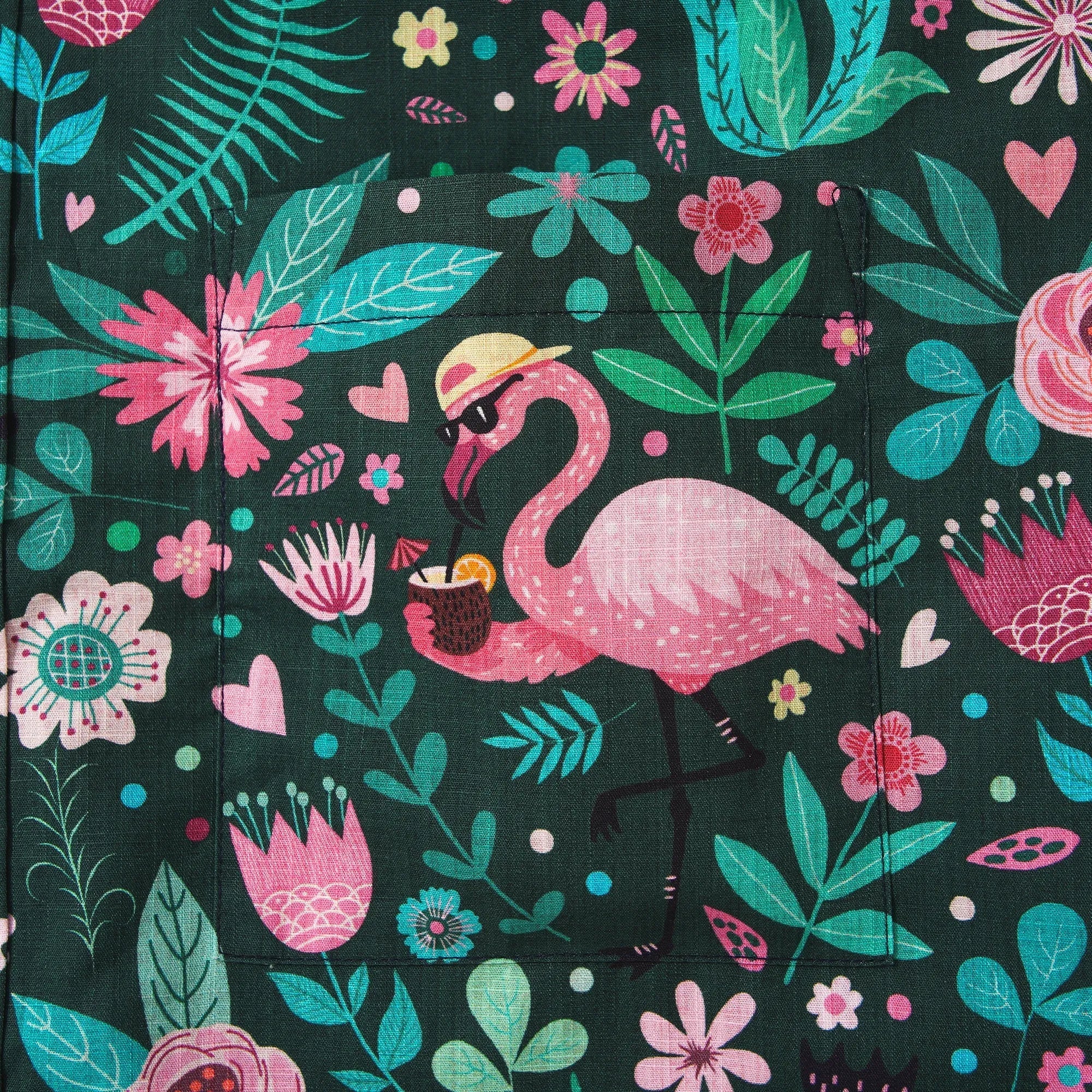 Men's Hawaiian Shirt Short Sleeve Button-down 100% Cotton Green Aloha Blush in the Jungle Flamingo By Cigar