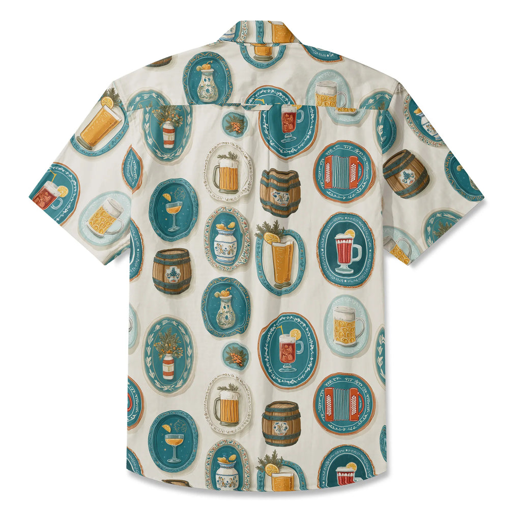 LeosWare® Men's Hawaiian Shirt Short Sleeve Button-up 100% Cotton Aloha Beer Festival Keepsake Plate By Ann