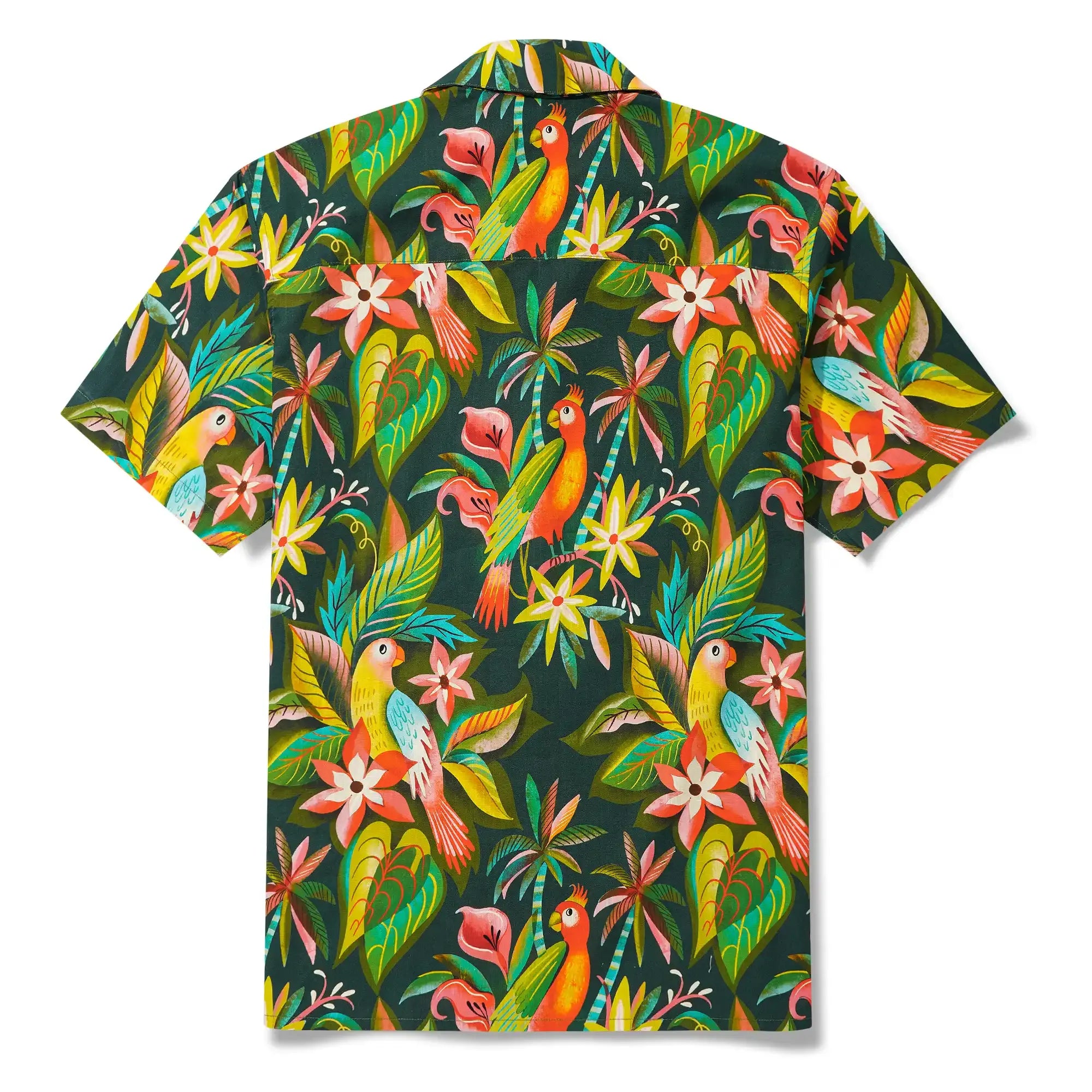Men's Hawaiian Shirt Short Sleeve Camp Collar 100% Cotton Green Aloha Parrots In The Jungle By Uta Krogmann