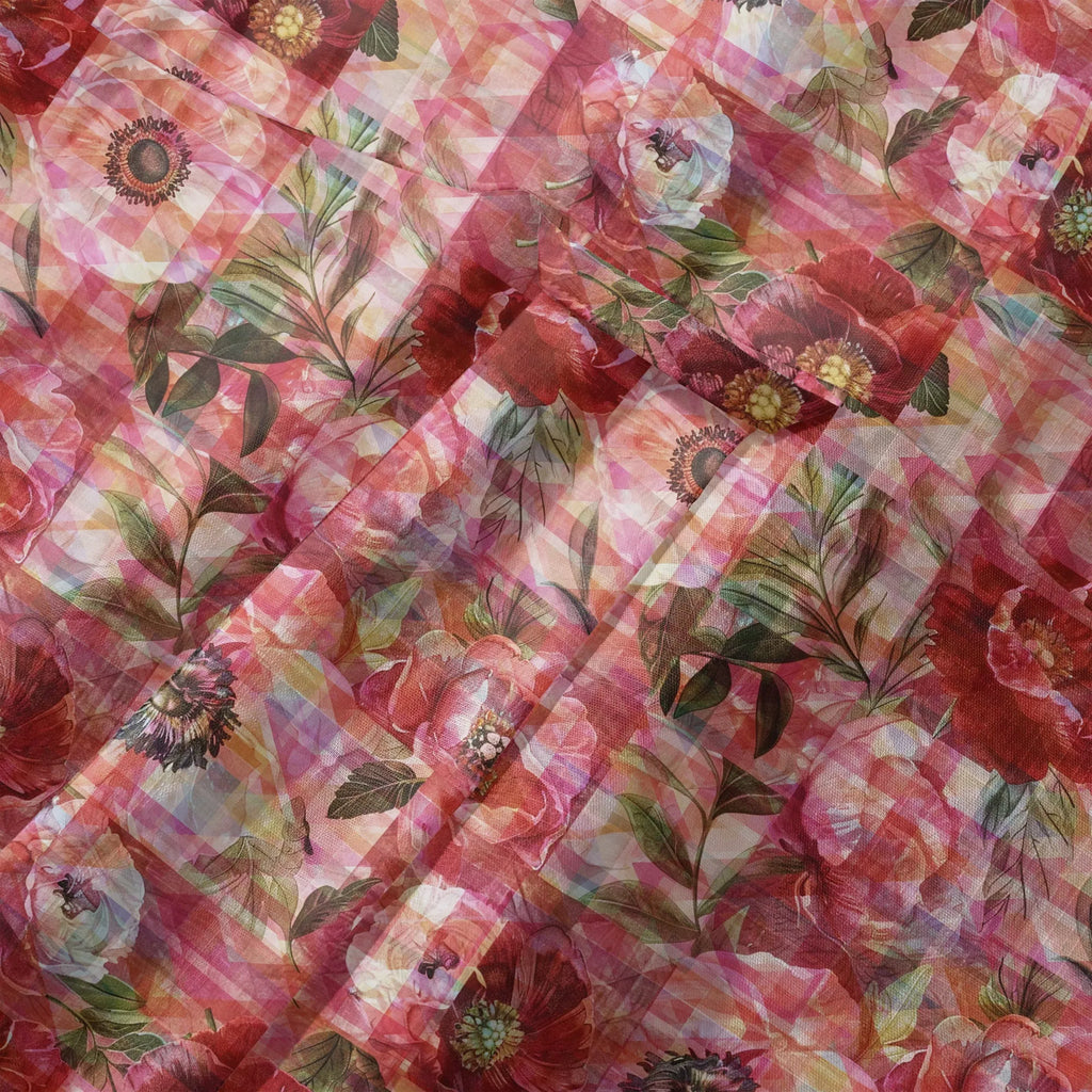 LeosWare® Plaid Men's Hawaiian Shirt Short Sleeve Button-up 100% Cotton Red Aloha Patterned Floral Impressions By Ann