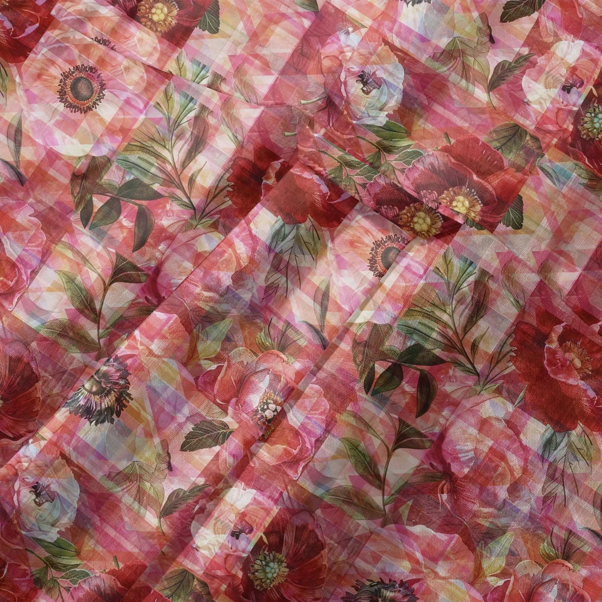 LeosWare® Plaid Men's Hawaiian Shirt Short Sleeve Button-up 100% Cotton Red Aloha Patterned Floral Impressions By Ann