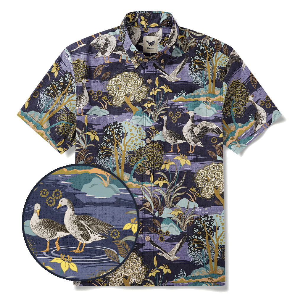 Men's Hawaiian Shirt Short Sleeve Button-down 100% Cotton Blue Aloha The Yellow Iris River By Abigail Bryan