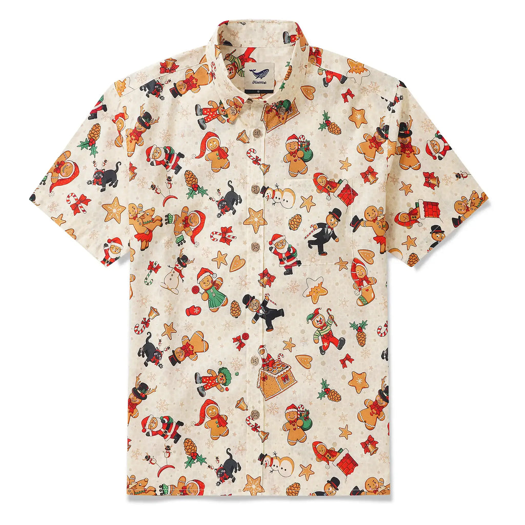 Christmas Gift Men's Hawaiian Shirt Short Sleeve Button-down 100% Cotton Beige Aloha Gingerbread Christmas Carnival By Huan huan