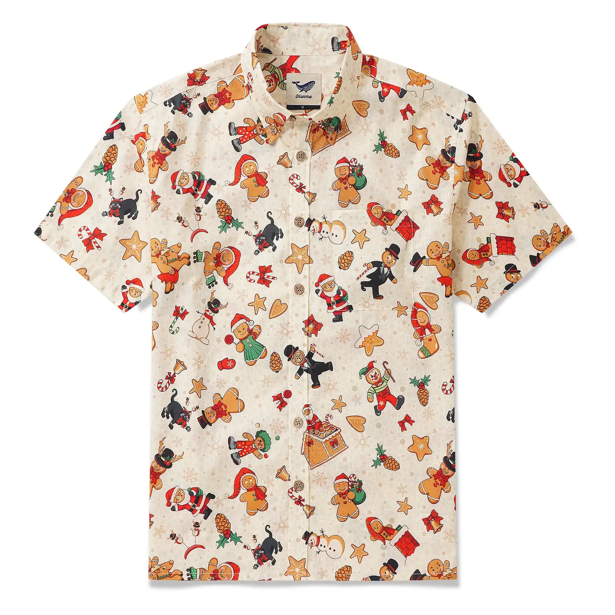 Christmas Gift Men's Hawaiian Shirt Short Sleeve Button-down 100% Cotton Beige Aloha Gingerbread Christmas Carnival By Huan huan