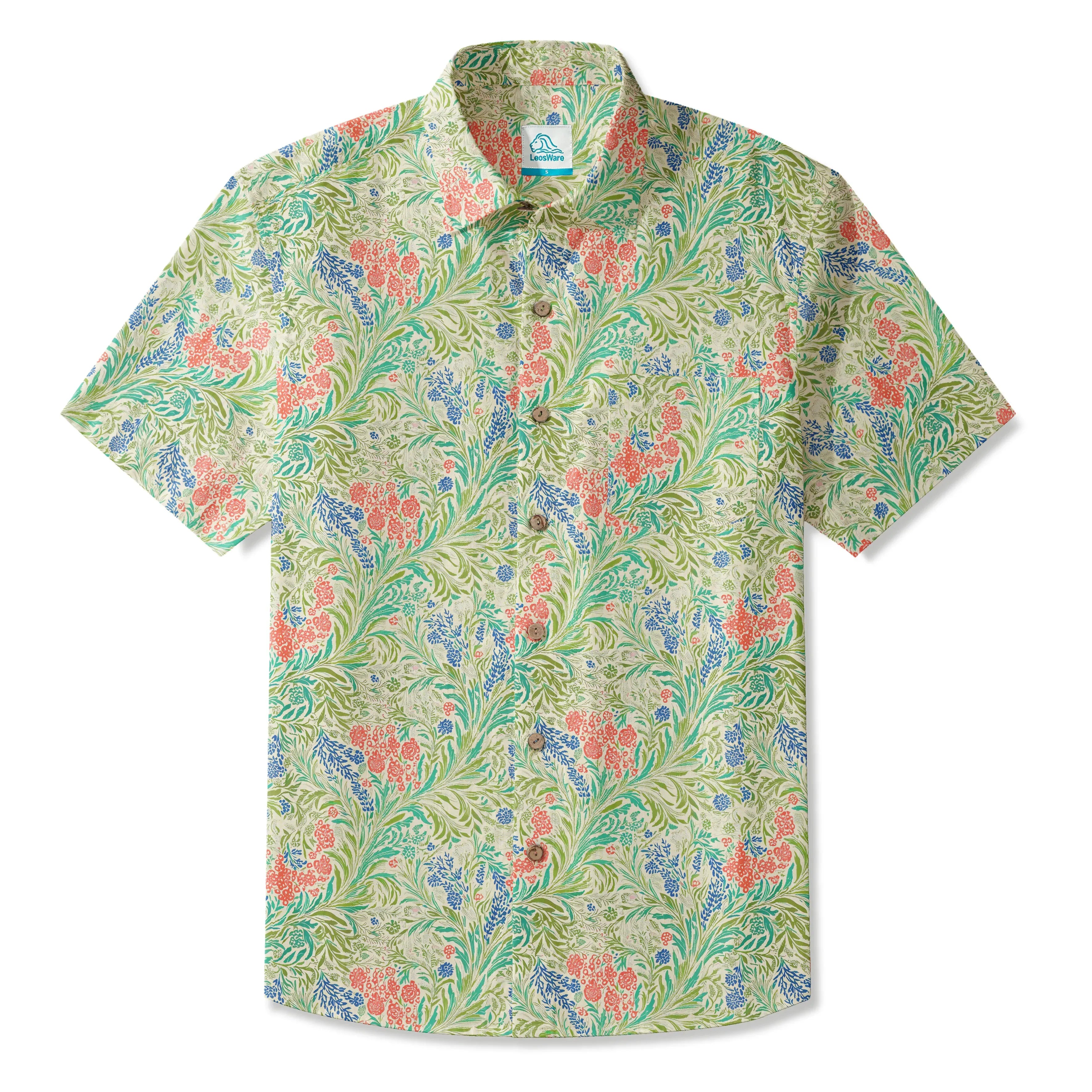 LeosWare® Men's Hawaiian Shirt Short Sleeve Button-up 100% Cotton Green Aloha Alfalfa Flower Earthly Weave By Ann