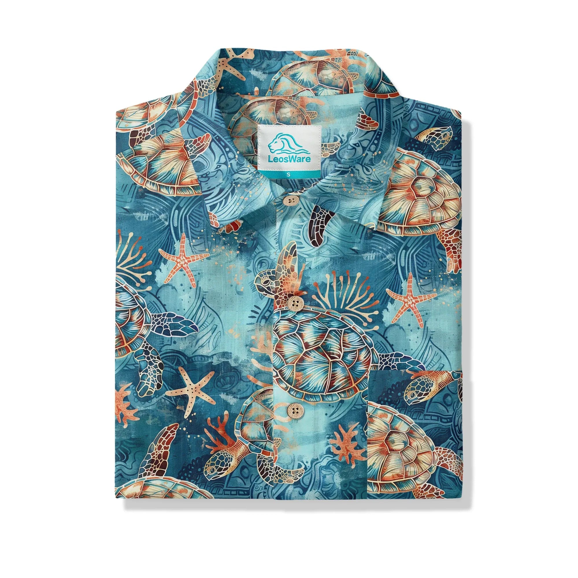 Chemise hawaïenne pour homme LeosWare® à manches courtes avec boutons 100 % coton bleu Aloha tortue dorée mer par Ann