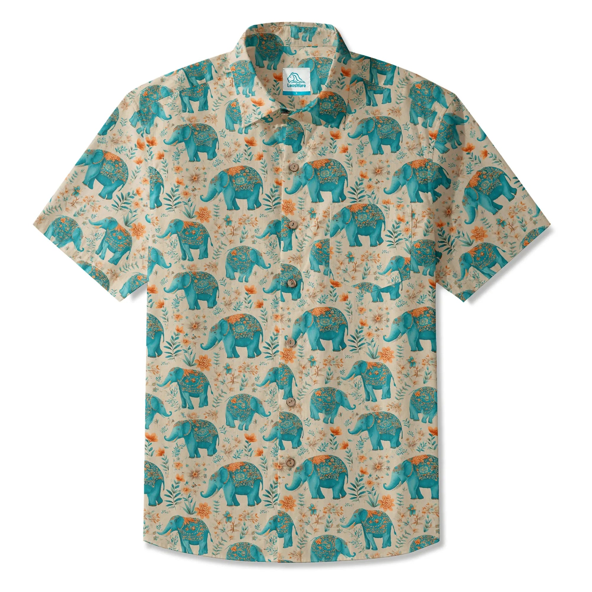 Elephant LeosWare® Men's Hawaiian Shirt Short Sleeve Button-up 100% Cotton Beige Aloha Blue Elephant Blossoms By Ann