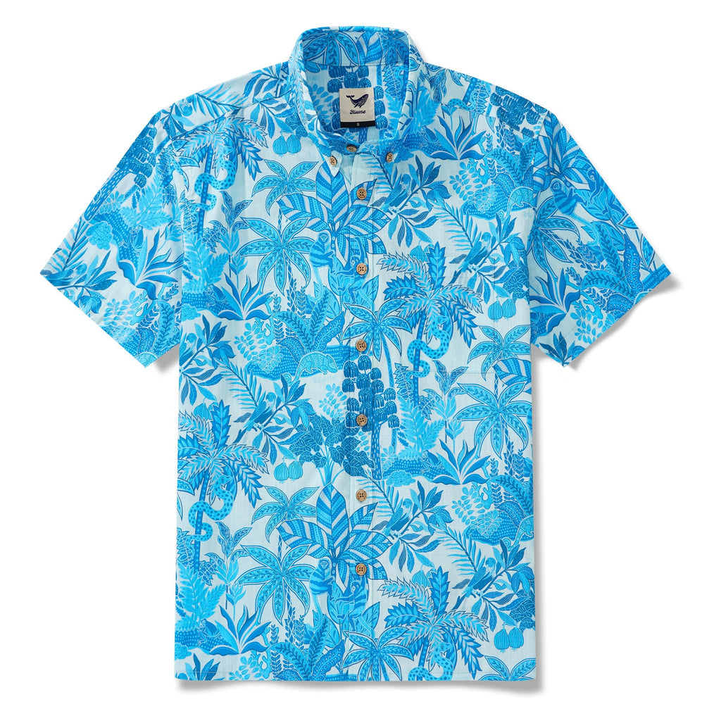 Men's Blue Hawaiian Shirt Tropical Shirt Short Sleeve Button-down 100% Cotton Blue Aloha Jungle Paradise By Huan huan