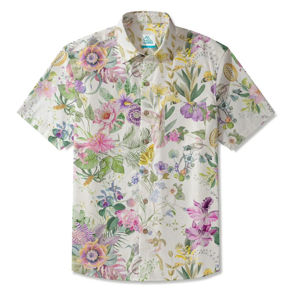 LeosWare® Chemise hawaïenne pour homme à manches courtes, boutonnée, 100% coton, Aloha Symphonie de Vitalité, Bouquet Floral par Huan huan