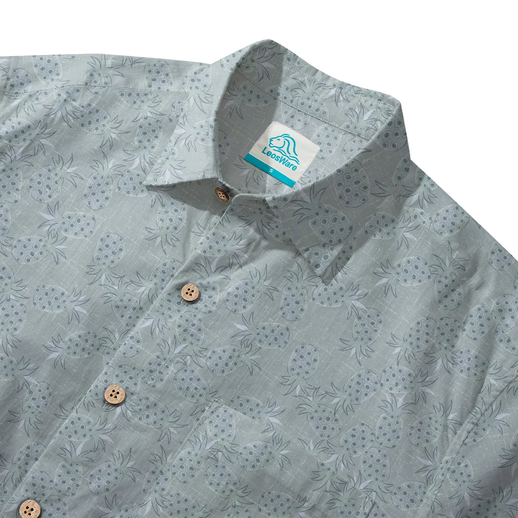 LeosWare® Men's Hawaiian Shirt Short Sleeve Button-up 100% Cotton Gray Aloha Vintage Pineapple Mist Shadow By Huan huan