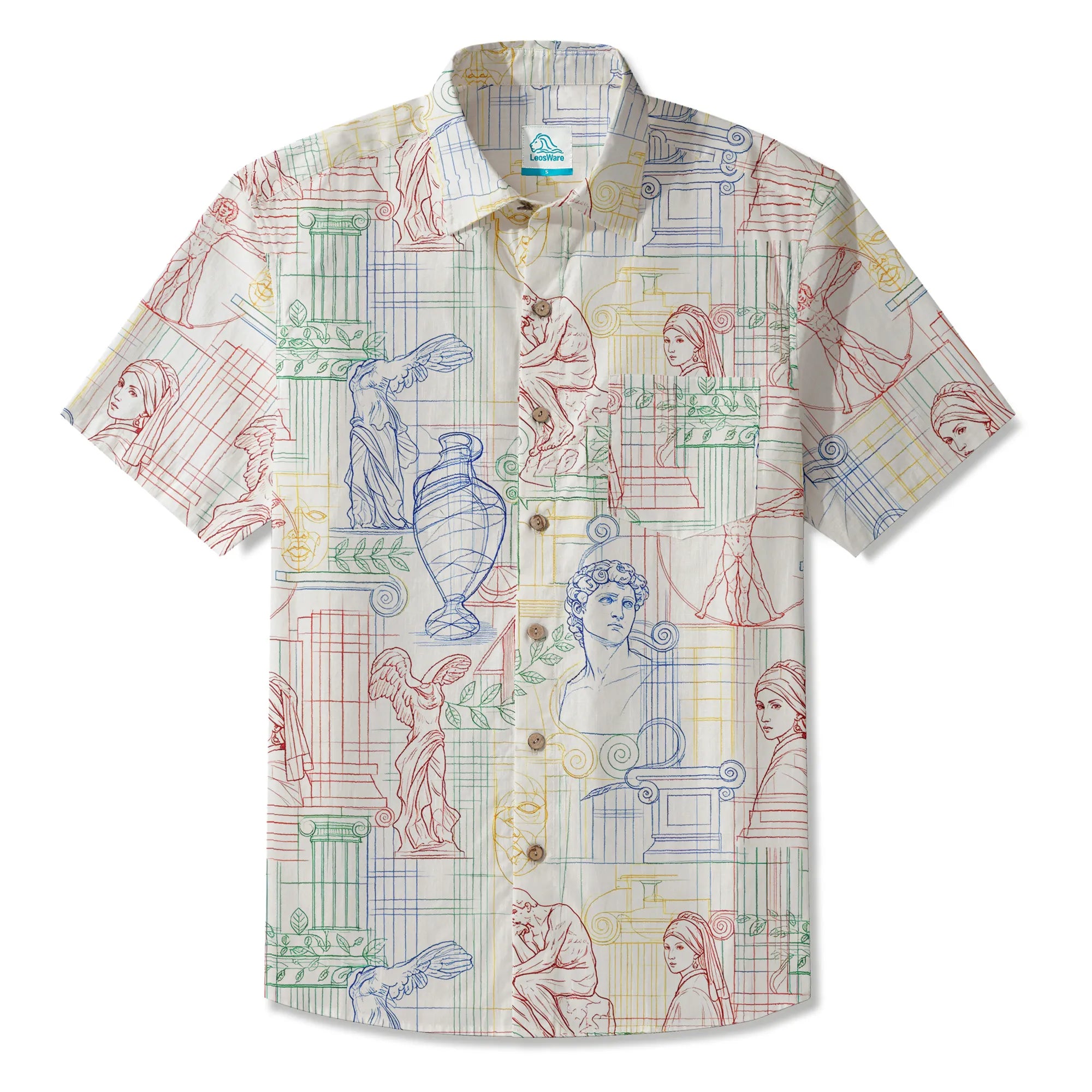 LeosWare® Men's Hawaiian Shirt Short Sleeve Button-up 100% Cotton White Aloha Renaissance Outline Sketches By Ann