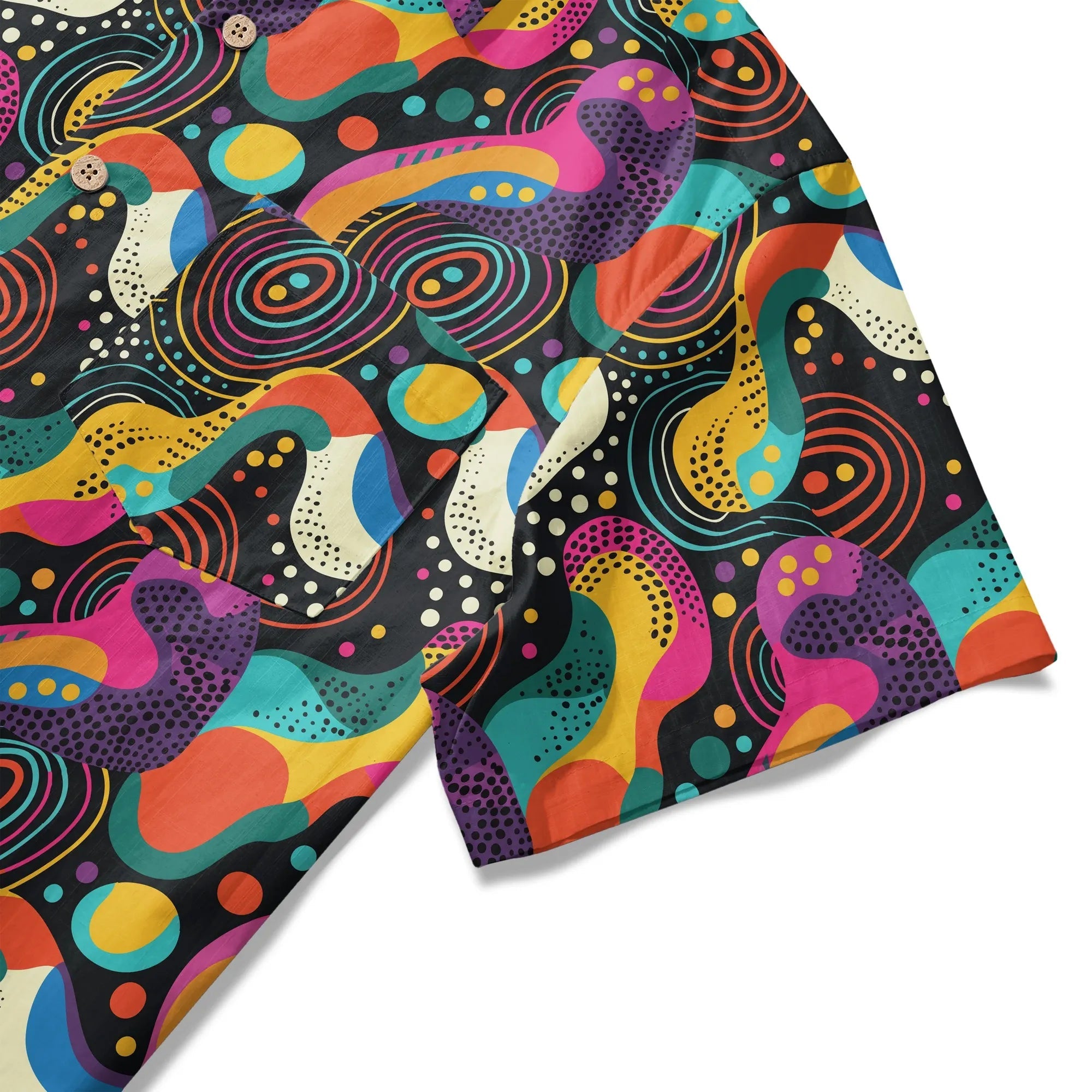 Chemise hawaïenne pour hommes LeosWare® à manches courtes avec boutons 100 % coton noire Aloha Neon Pop Fantasia par Ann