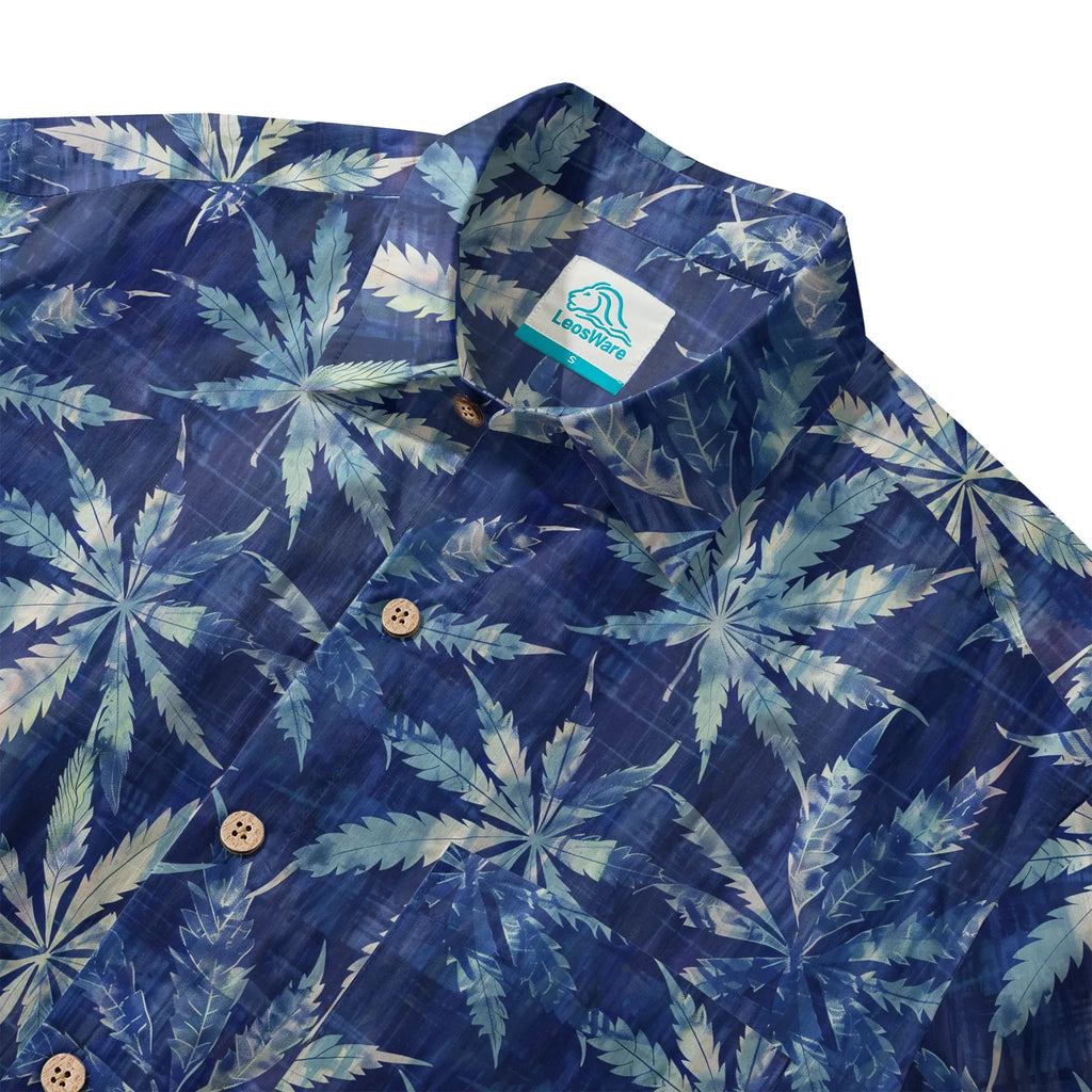 LeosWare® Leaf Men's Hawaiian Shirt Short Sleeve Button-up 100% Cotton Blue Aloha Indigo Dyed Leaves By Ann