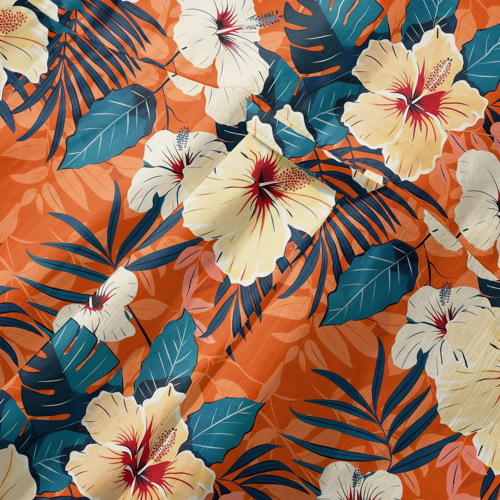 LeosWare® Men's Hawaiian Shirt Short Sleeve Button-up 100% Cotton Orange Aloha Blooming Orange Hibiscus By Ann
