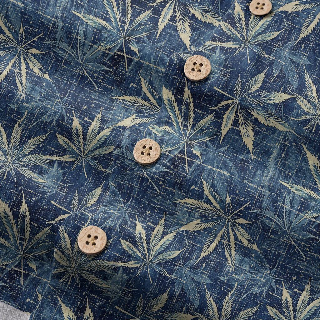 LeosWare® Men's Leaf Hawaiian Shirt Short Sleeve Button-up 100% Cotton Blue Aloha Indigo Blue Linen Leaf Pattern By Ann