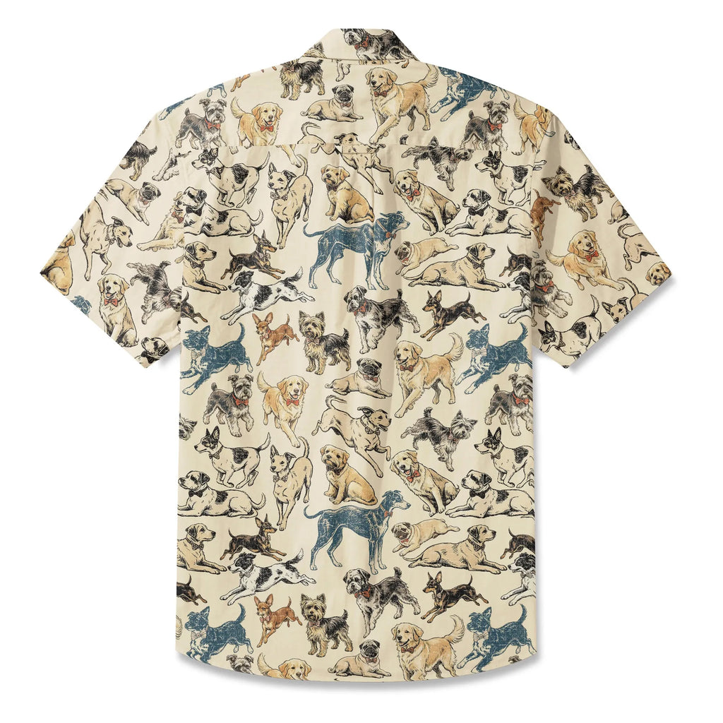 LeosWare® Dog Men's Hawaiian Shirt Short Sleeve Button-up 100% Cotton Yellow Aloha Dog Bow Tie Set By Huan huan