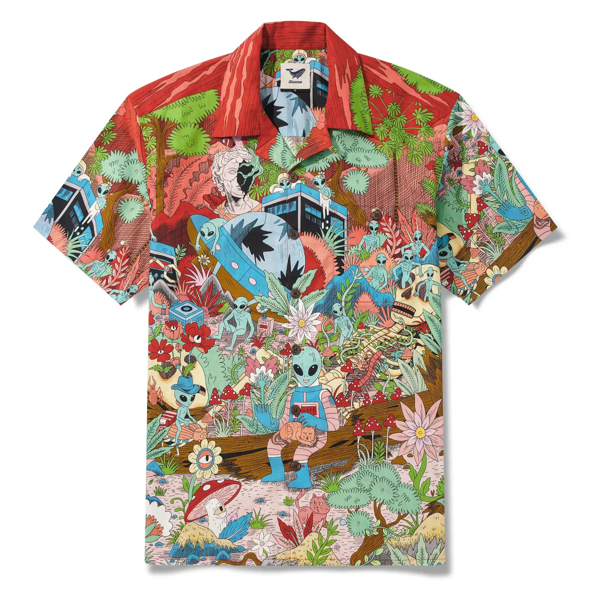 Men's Hawaiian Shirt Short Sleeve Camp Collar 100% Cotton Green Aloha Alien Galactic Garden By Huan huan