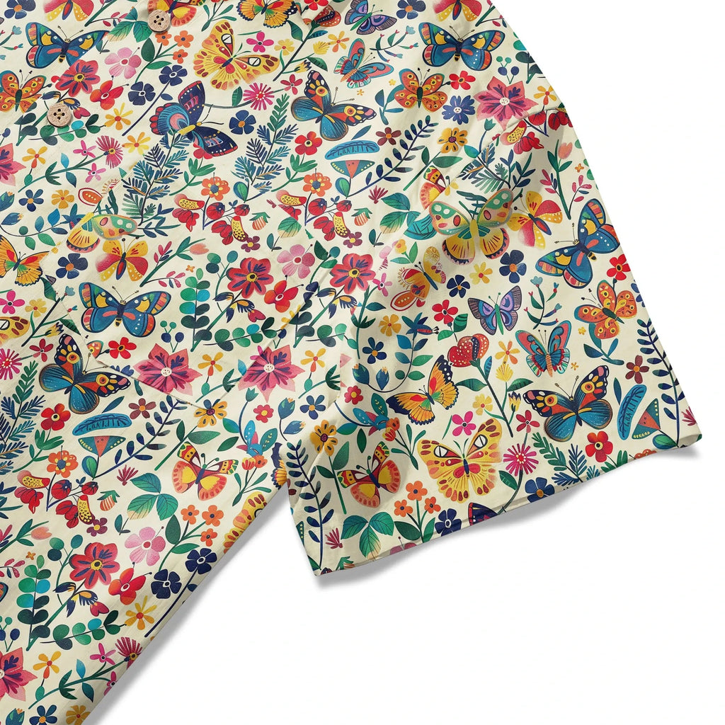 Chemise hawaïenne pour hommes LeosWare® à manches courtes avec boutons 100 % coton beige Aloha Butterflies Whispers In Full Bloom par Ann