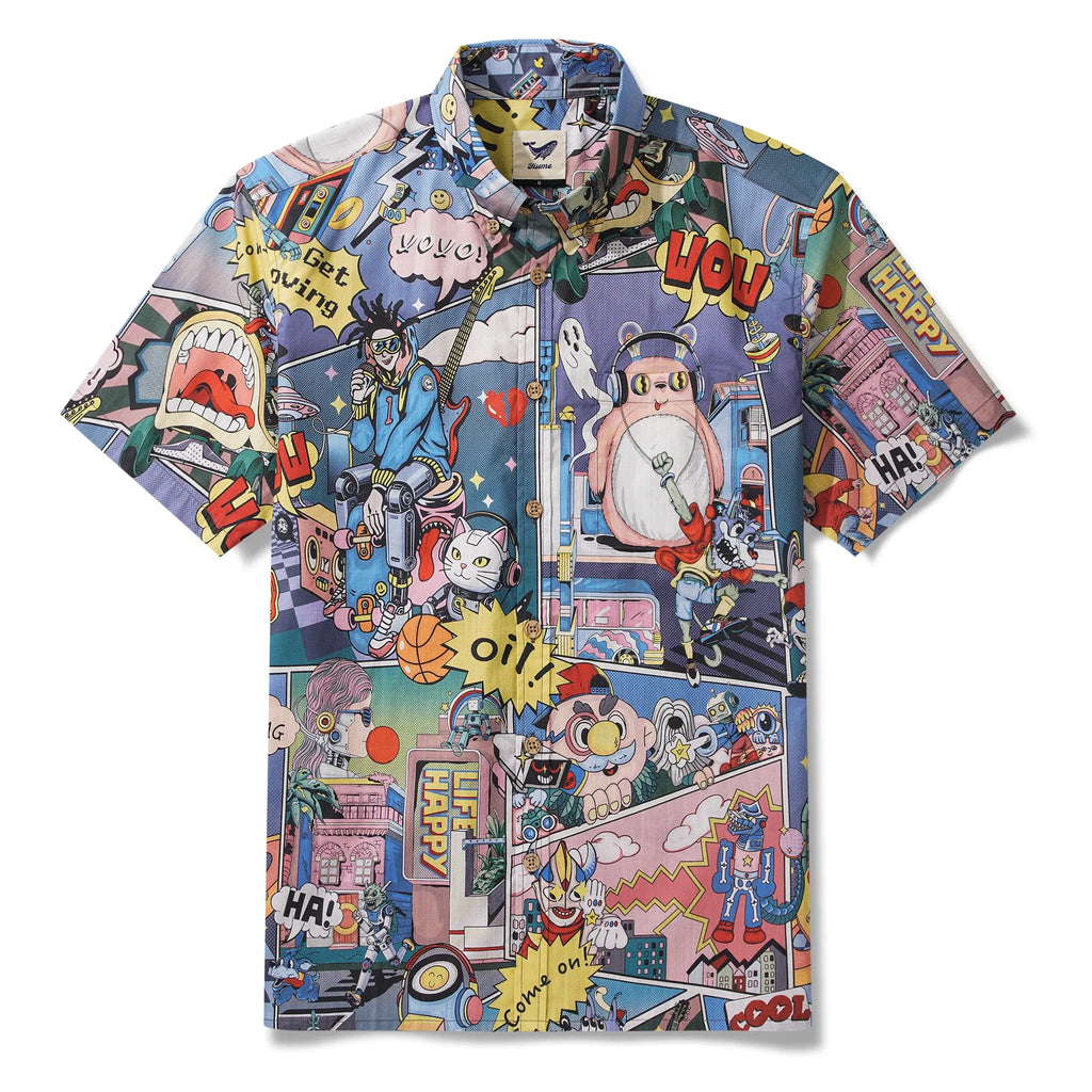Alien Men's Hawaiian Shirt Short Sleeve Button-down 100% Cotton Blue Aloha Retro-futurism Jam By Huan huan