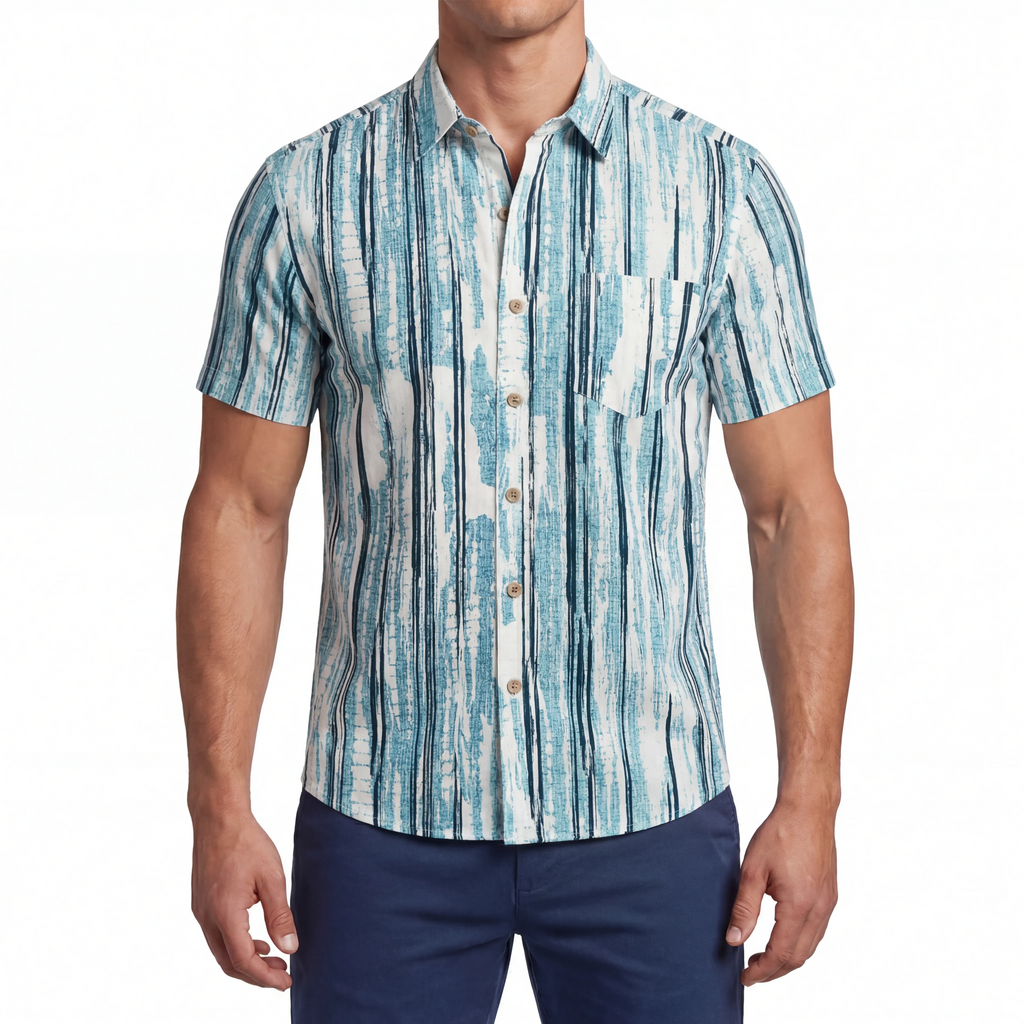 LeosWare® Men's Hawaiian Shirt Short Sleeve Button-up 100% Cotton Blue Aloha Minimalist Blue Veins By Patch