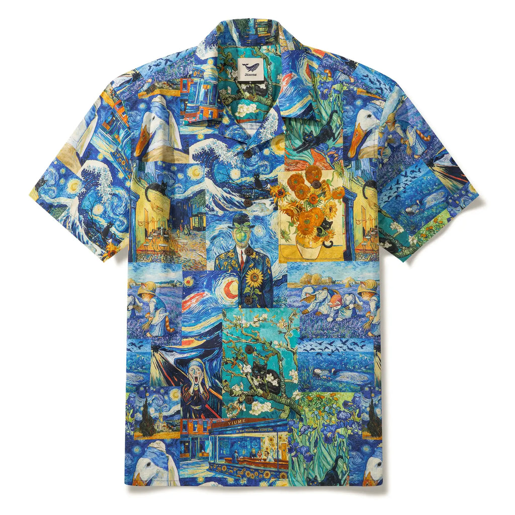 Men's Hawaiian Shirt Short Sleeve Camp Collar 100% Cotton Blue Aloha Starry Night Cat Fantasy By Mo