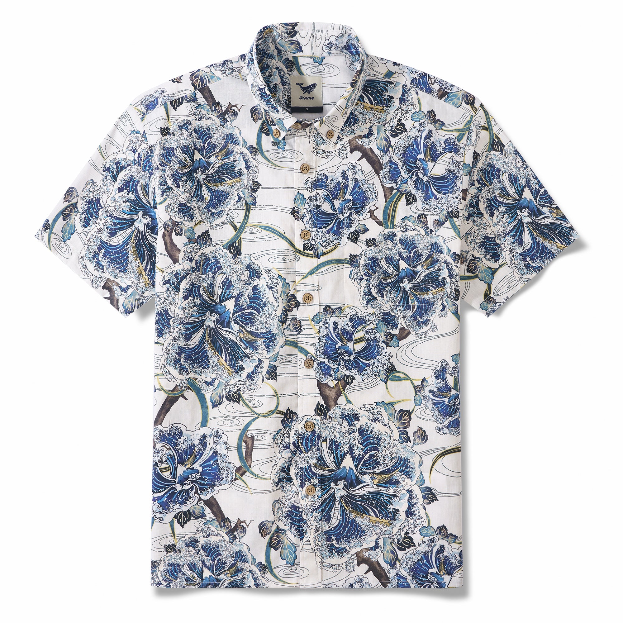 Ocean Waves on Branches 100% Cotton Men's Short Sleeve Button-down collar Shirt White Aloha Hawaiian By Sun