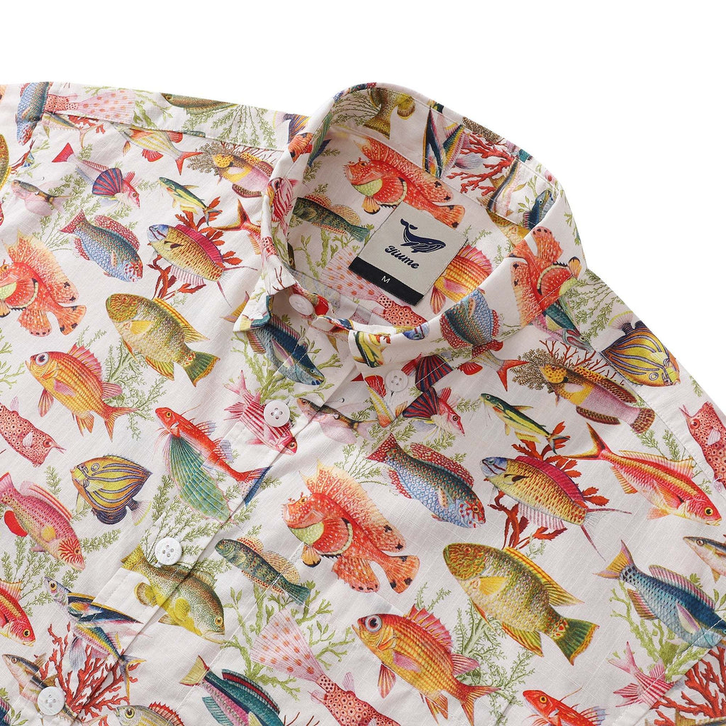 Yiume Fishing Shirt Hawaiian Shirt For Men  Short Sleeve Button-down Shirt 100% Cotton White Aloha Sea Ocean Fish By Amy