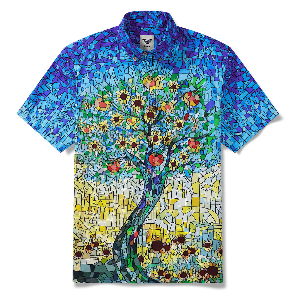 Men’s Blue Hawaiian Shirt – Orchard & Stained Glass Print 100% Cotton Short Sleeve Aloha Shirt By Yakima