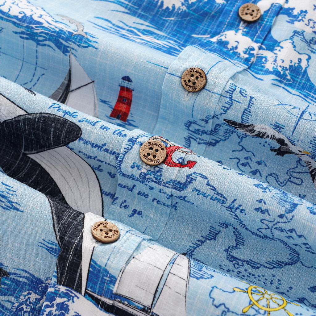 Men's Hawaiian Shirt Short Sleeve Button-down 100% Cotton White Aloha Joyful Ocean By Huan huan
