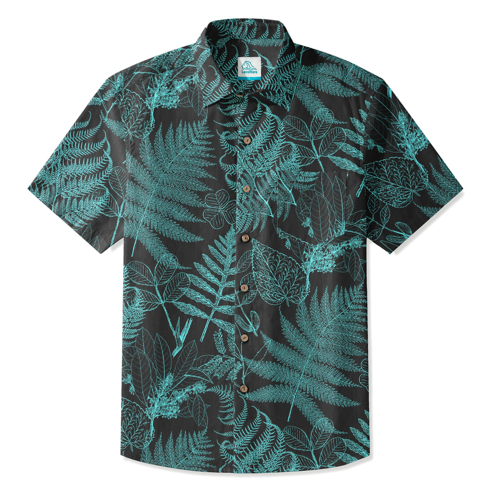 LeosWare® Men's Hawaiian Shirt Short Sleeve Button-up 100% Cotton Blue Aloha Hidden Forest Fern By Ann