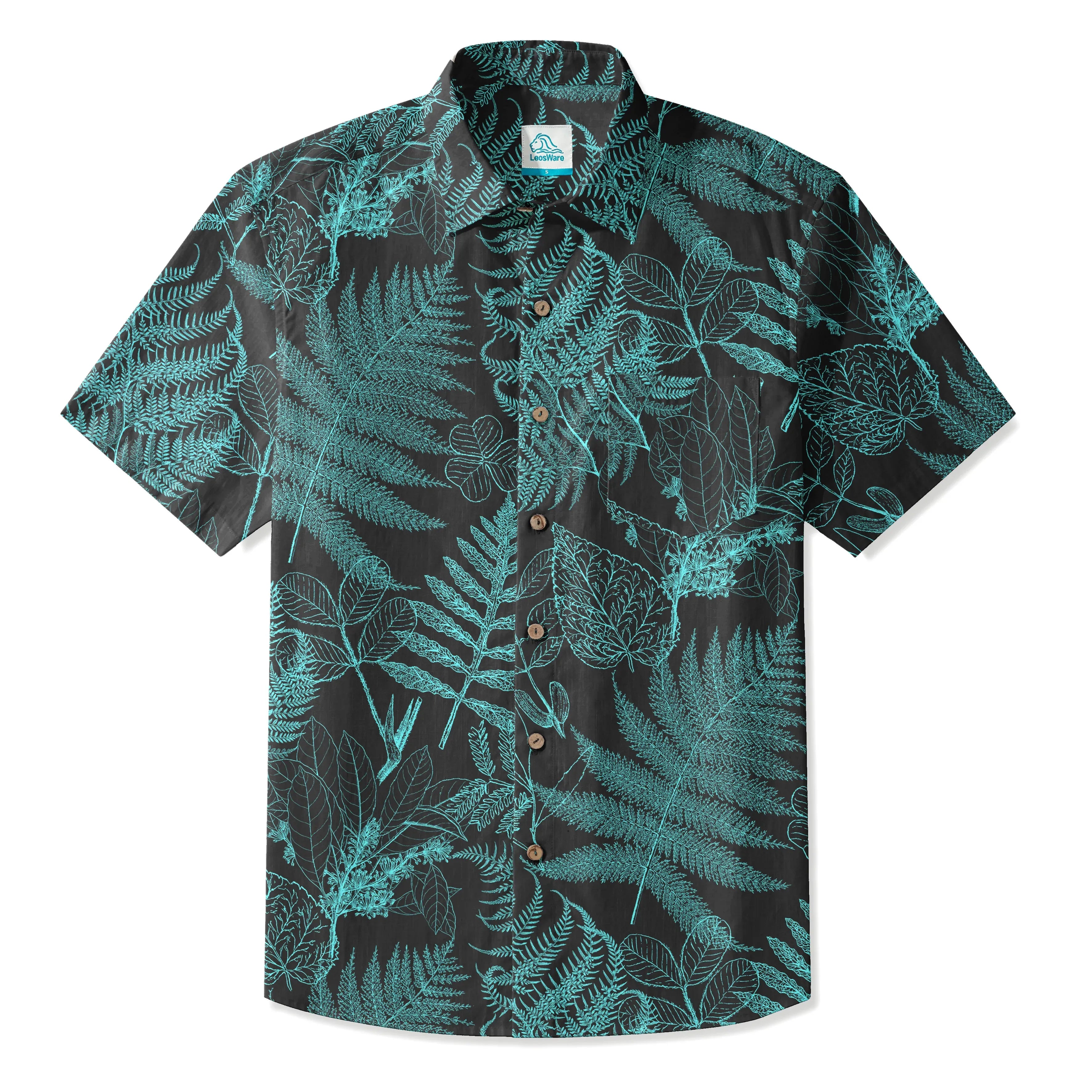 LeosWare® Men's Hawaiian Shirt Short Sleeve Button-up 100% Cotton Blue Aloha Hidden Forest Fern By Ann