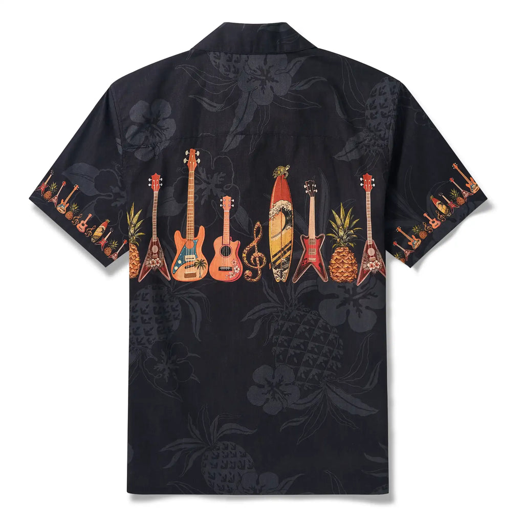 Music Men's Hawaiian Shirt Short Sleeve Camp Collar 100% Cotton Black Aloha Island Serenade By Mo