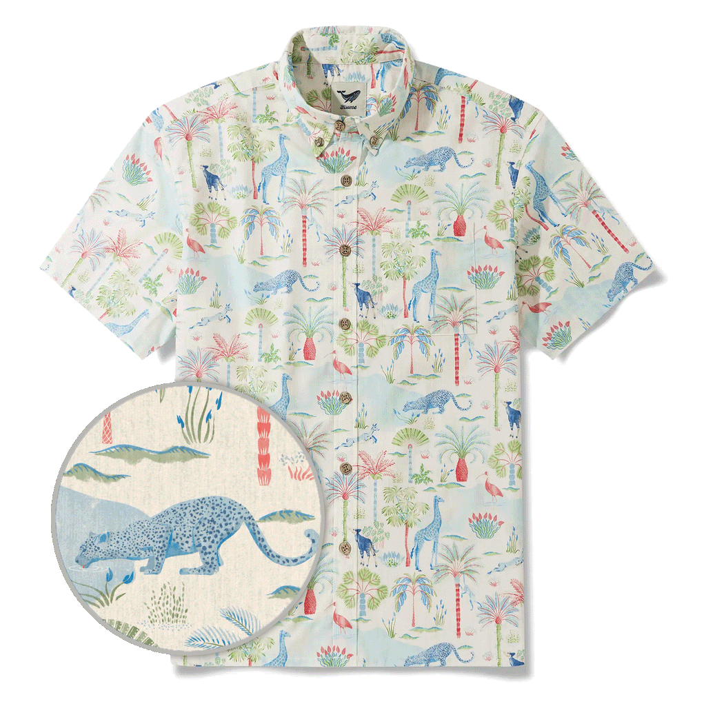 Men's Hawaiian Shirt Short Sleeve Button-down 100% Cotton Beige Aloha Talab Oasis Under The Palm Trees By House of Haricot