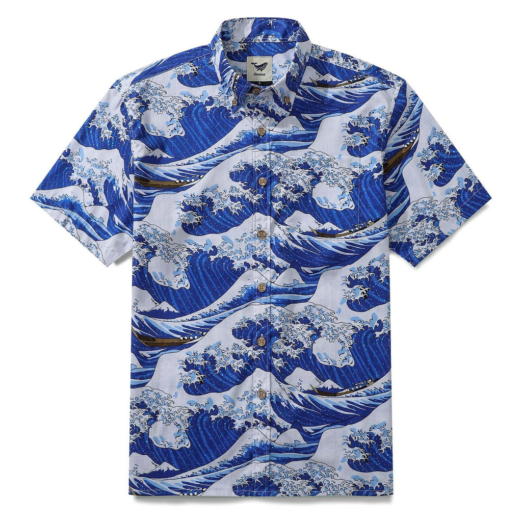 Mens Great Wave Shirt Blue Hawaiian Shirt Short Sleeve Button-down 100% Cotton Japanese Ukiyo-e Shirt By Amy