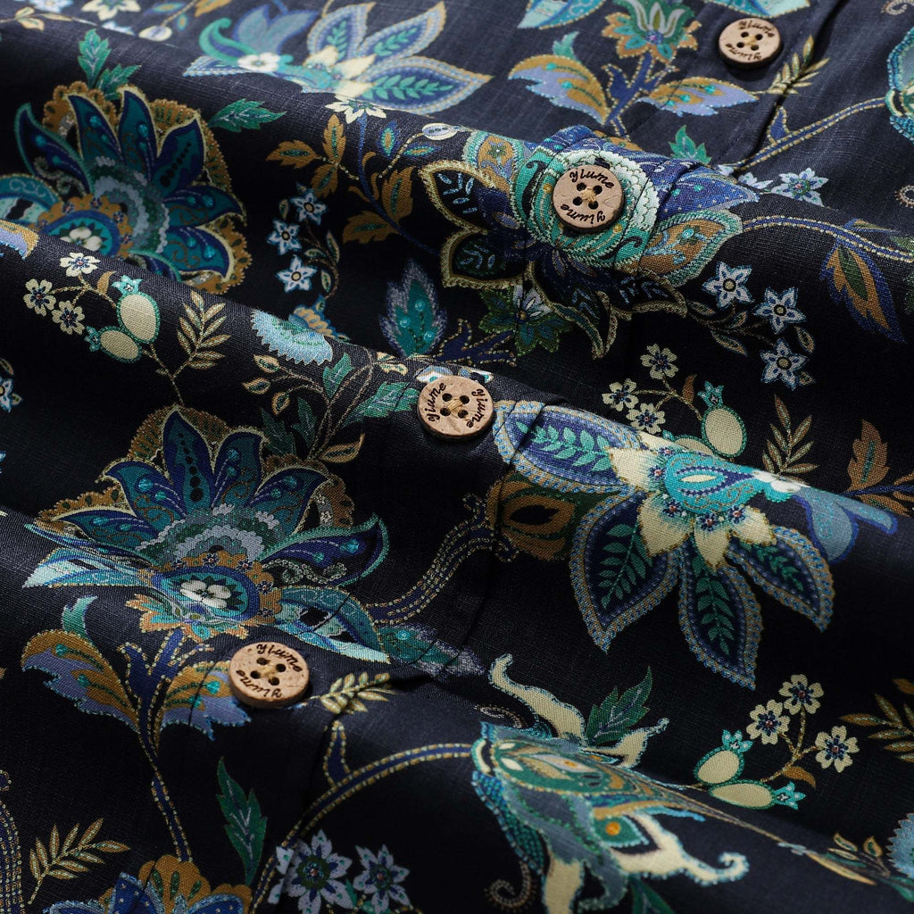 Black Hawaiian Shirt For Men Fantasy Flowers Print Short Sleeve Cotton Button Down Black Fantasy Flowers By Sylvia