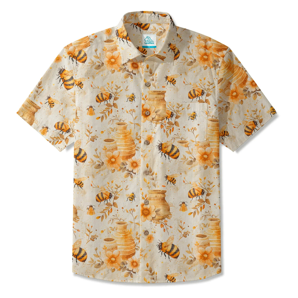 LeosWare® Men's Hawaiian Shirt Short Sleeve Button-up 100% Cotton Yellow Aloha Autumn Harvest In The Honey Garden Bee By Ann