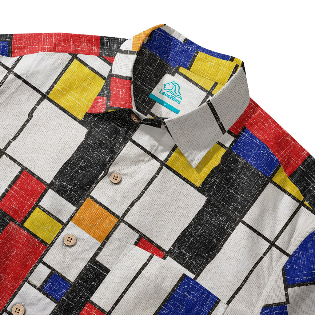 LeosWare® Men's Hawaiian Shirt Short Sleeve Button-up 100% Cotton White Aloha Mondrian Vintage Canvas By Ann
