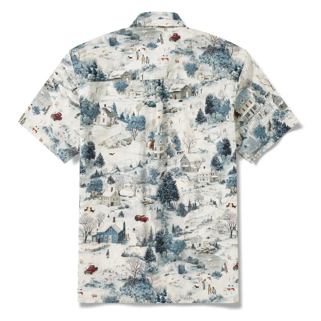 Men's Hawaiian Shirt Short Sleeve Button-down 100% Cotton Blue Aloha Snowy Countryside Chronicles By Huan huan