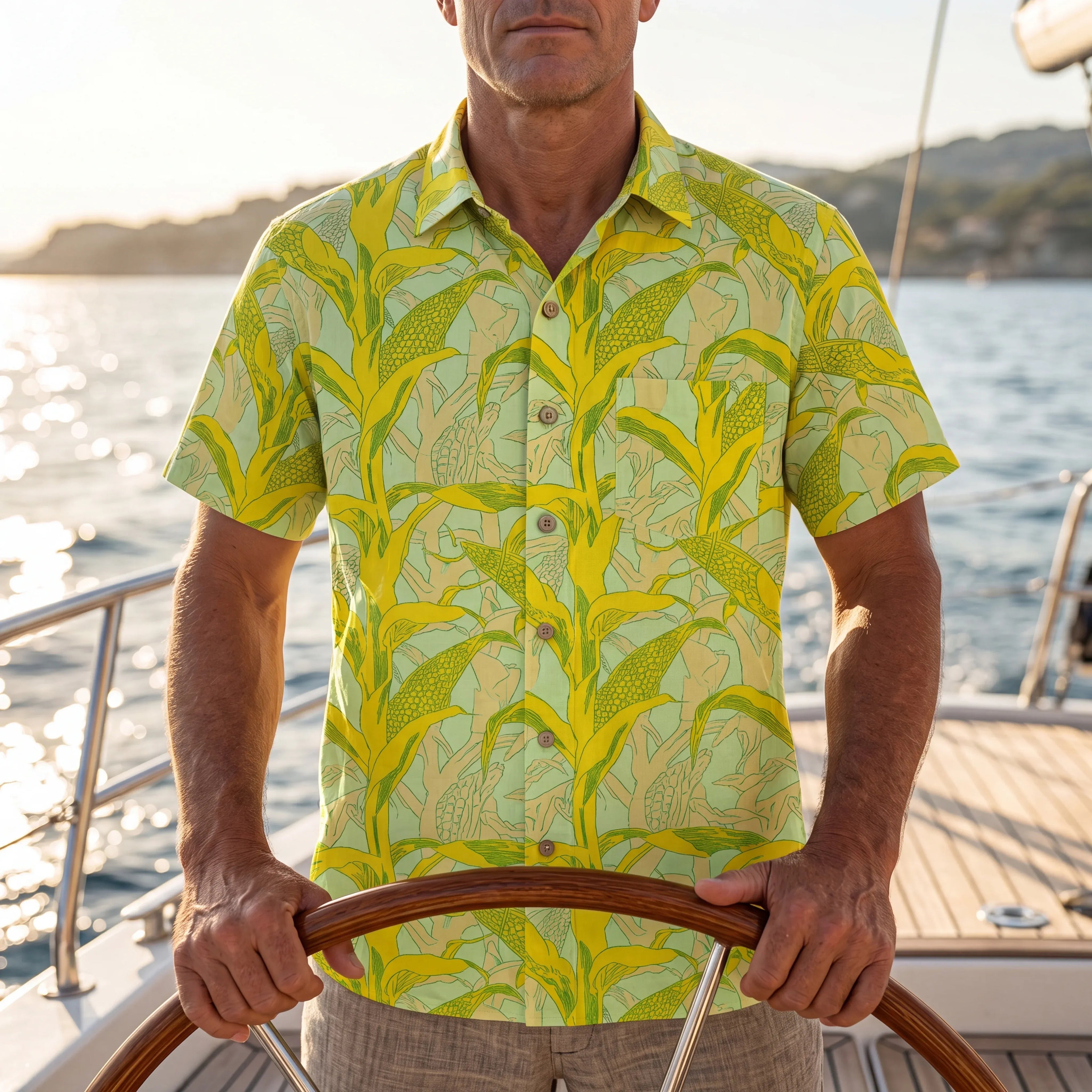 LeosWare® Men's Hawaiian Shirt Short Sleeve Button-up 100% Cotton Yellow Aloha Golden Summer Harvest By Ann