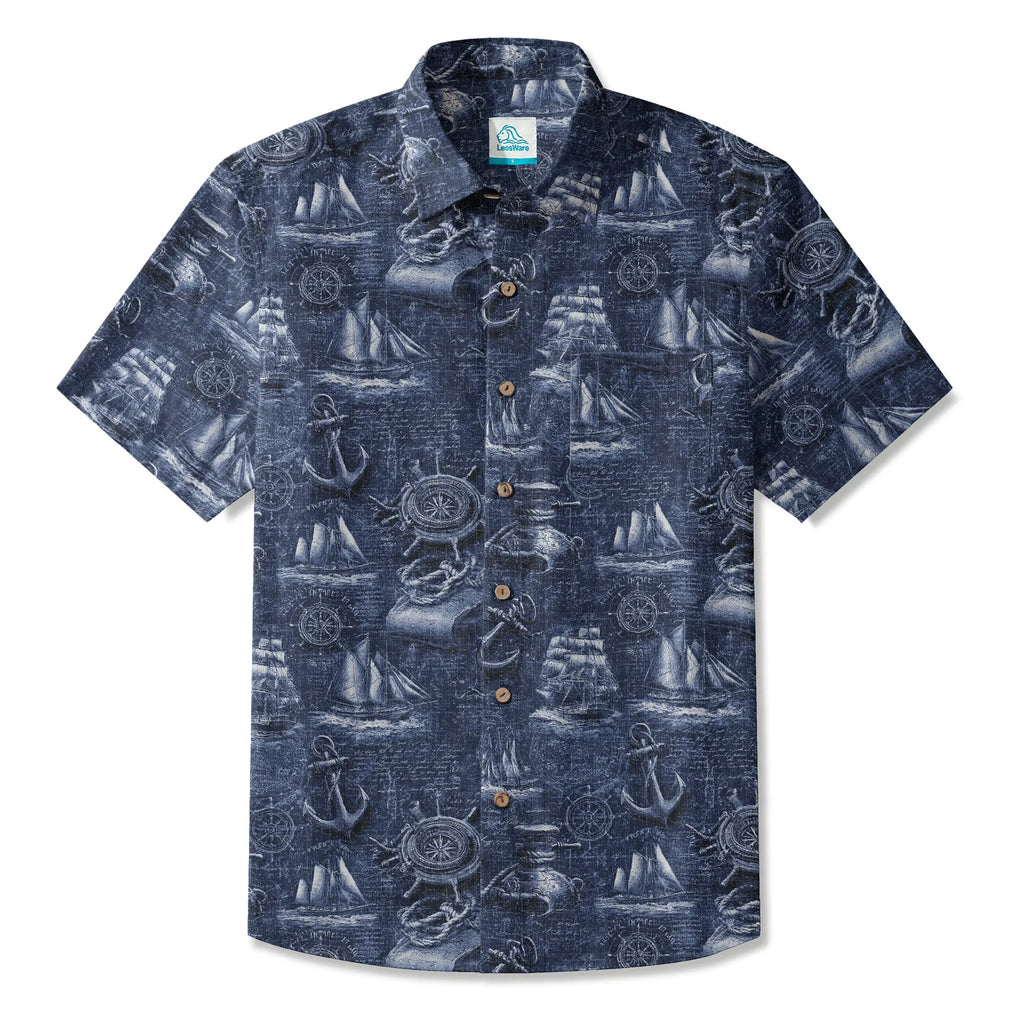 LeosWare® Men's Hawaiian Shirt Short Sleeve Button-up 100% Cotton Blue Aloha Retro Nautical Logbook By Ann