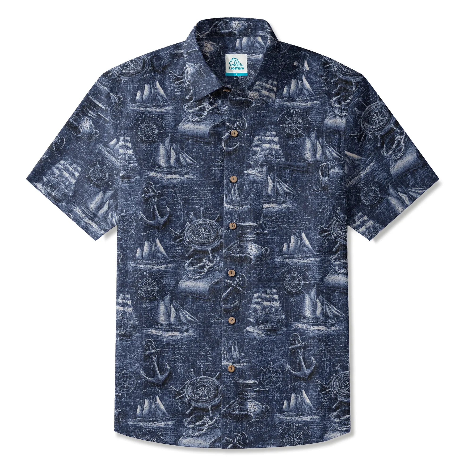 LeosWare® Men's Hawaiian Shirt Short Sleeve Button-up 100% Cotton Blue Aloha Retro Nautical Logbook By Ann