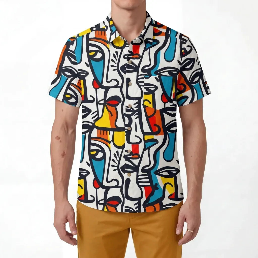 LeosWare® Men's Hawaiian Shirt Short Sleeve Button-up 100% Cotton Aloha Face Paint Palette By Ann