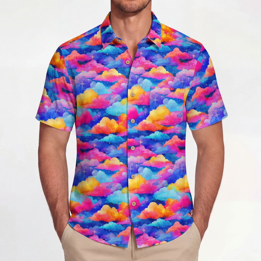 LeosWare® Men's Hawaiian Shirt Short Sleeve Button-up 100% Cotton Orange Aloha Rainbow Clouds Meadow By Ann