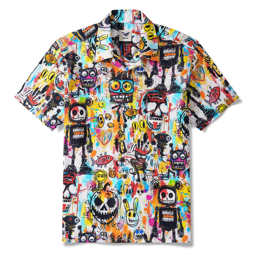 Hawaiian Shirt For Men Halloween Short Sleeve Camp Collar Shirt 100% Cotton White Aloha Graffiti Madness Party By Yana