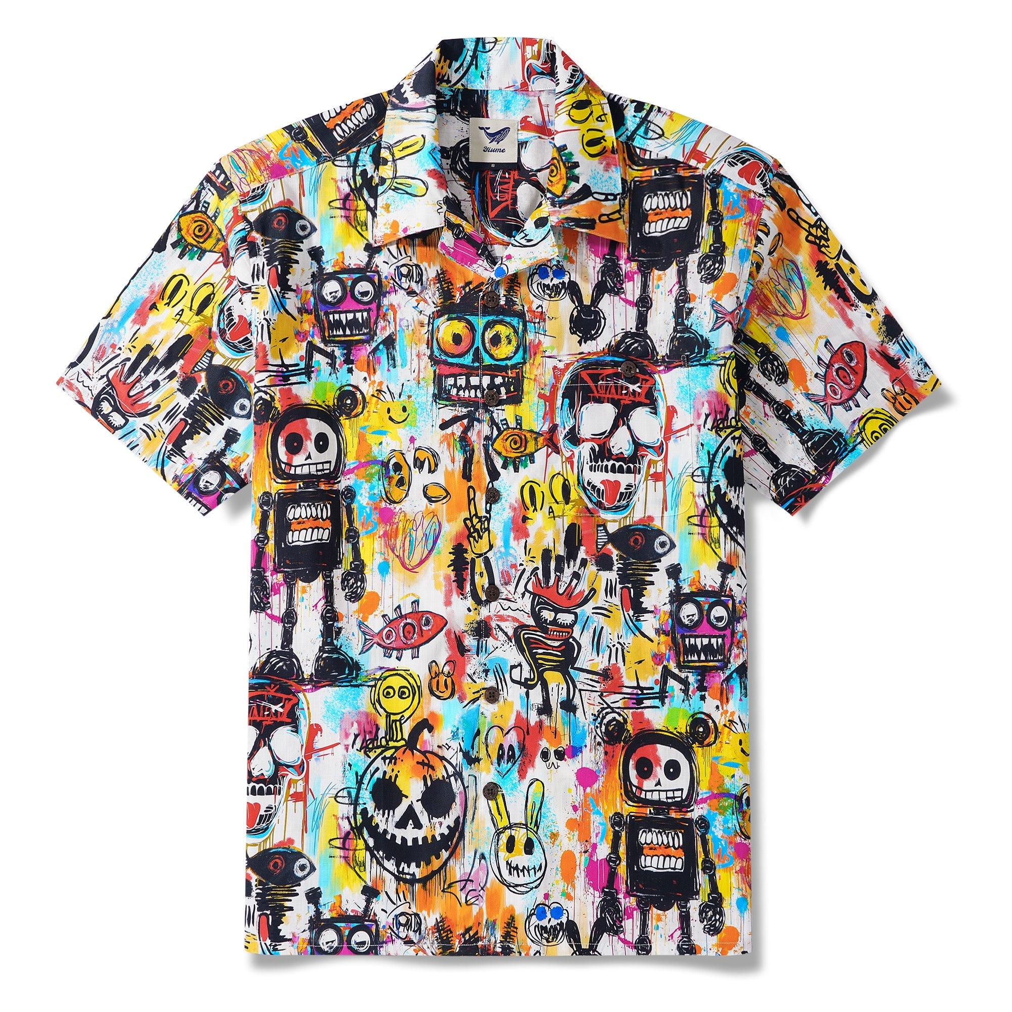 Hawaiian Shirt For Men Halloween Short Sleeve Camp Collar Shirt 100% Cotton White Aloha Graffiti Madness Party By Yana