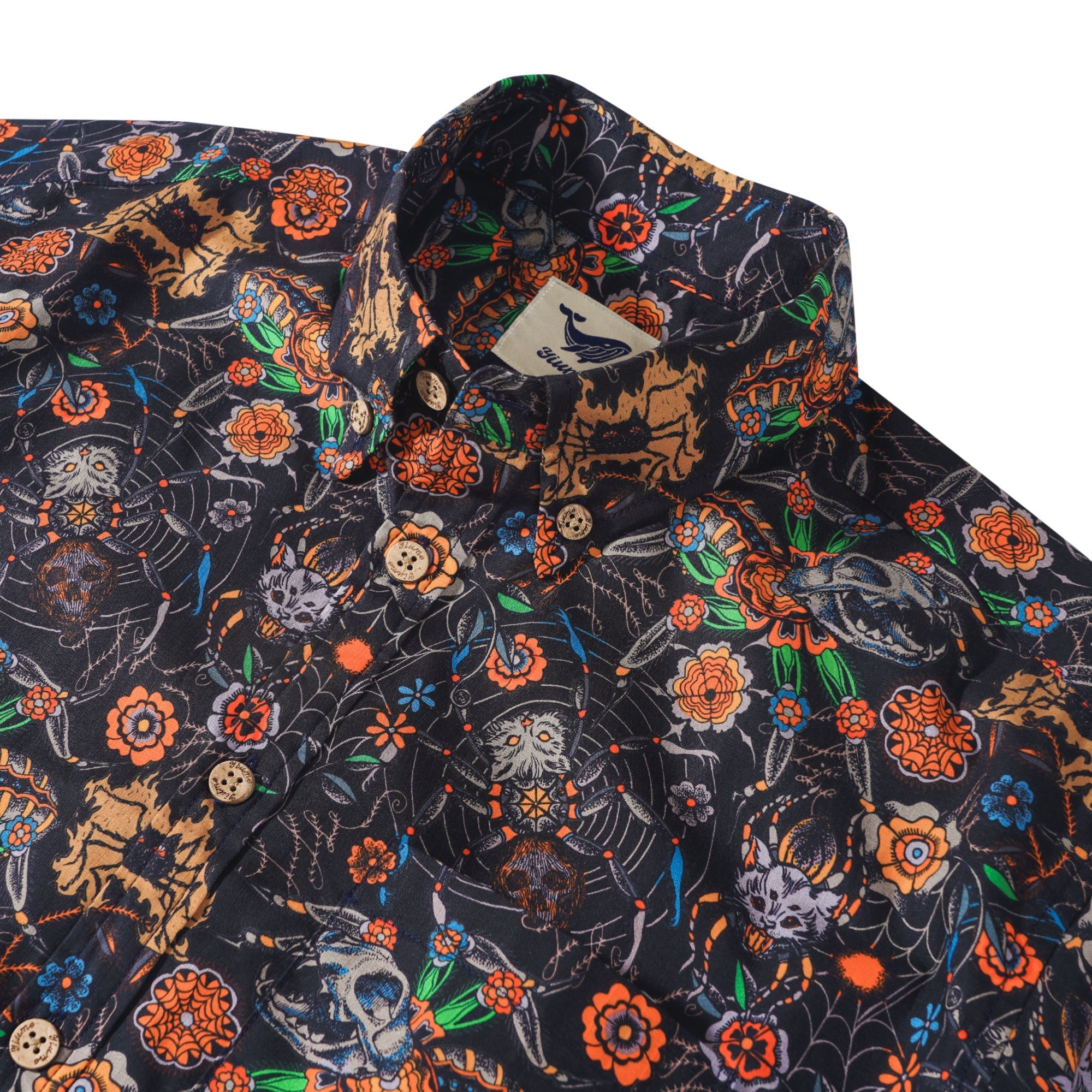 Halloween Gift Men's Hawaiian Shirt Short Sleeve Button-down 100% Cotton Black Aloha Spider Cat By Sophia