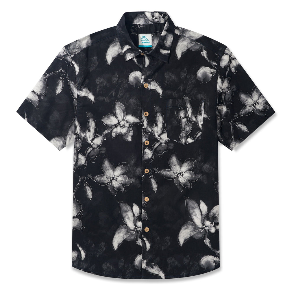 LeosWare® Men's Hawaiian Shirt Short Sleeve Button-up 100% Cotton Black Aloha Ink Wash Floral Silhouette By Ethan