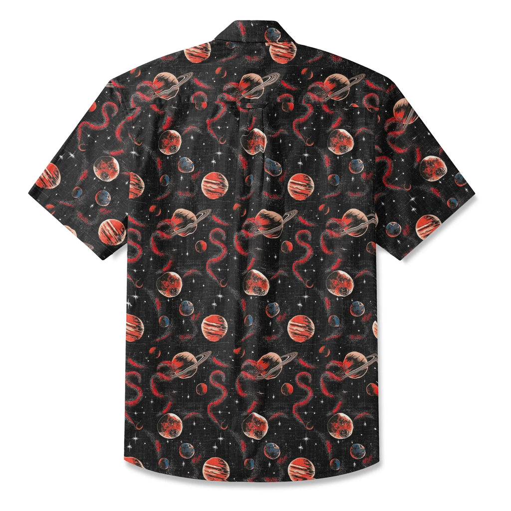 LeosWare® Men's Hawaiian Shirt Short Sleeve Button-up 100% Cotton Black Apace Aloha Crimson Celestial River By Ann